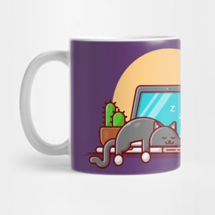 Cute Cat Sleeping On Laptop With Apple And Cactus Cartoon Vector Icon Illustration Mug